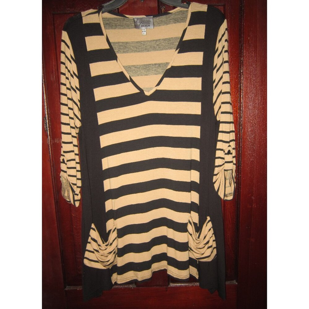 Lynn Ritchie Silver Size L Stretch Knit Tunic Top Blouse Shirt Pockets Lagenlook